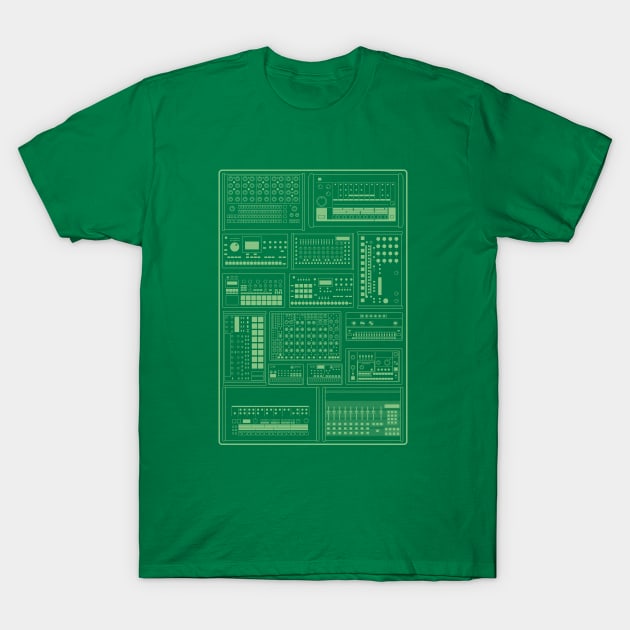 Electronic Musician Drum Machines Synth Collection Green T-Shirt by Atomic Malibu